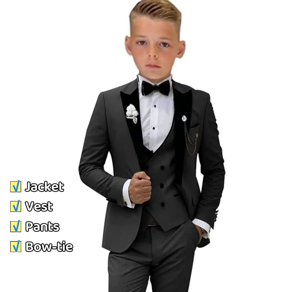 Traje Formal Infantil de Tres Piezas con Cuello de Terciopelo para Niño