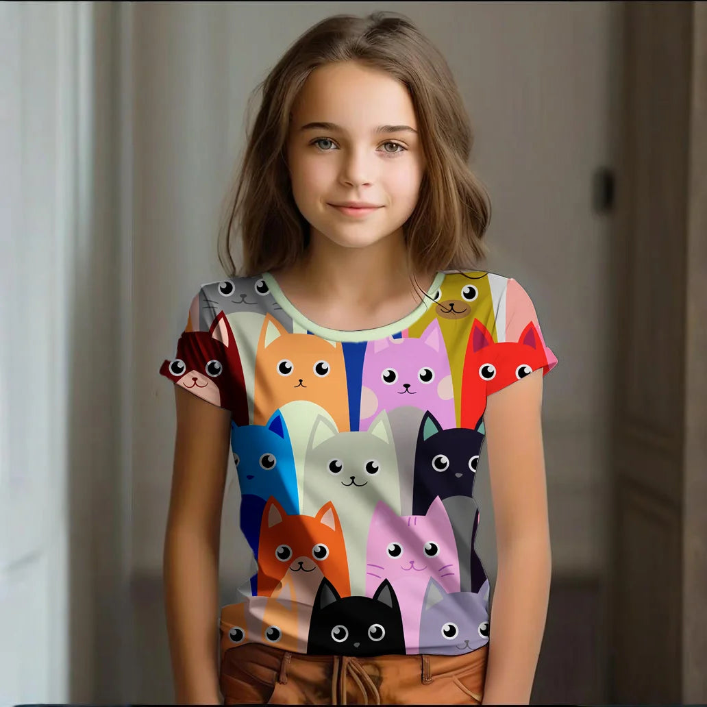 Camiseta Infantil de Manga Corta con Estampado de Gato