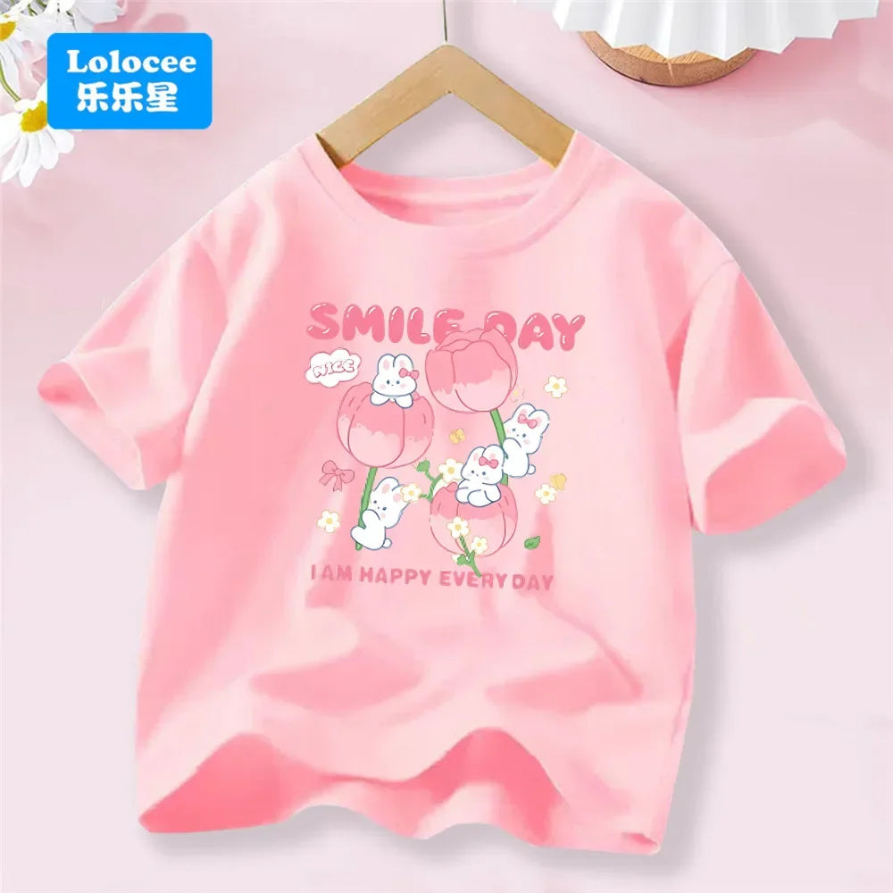 Camiseta Infantil de Algodón con Estampado de Flores y Conejo