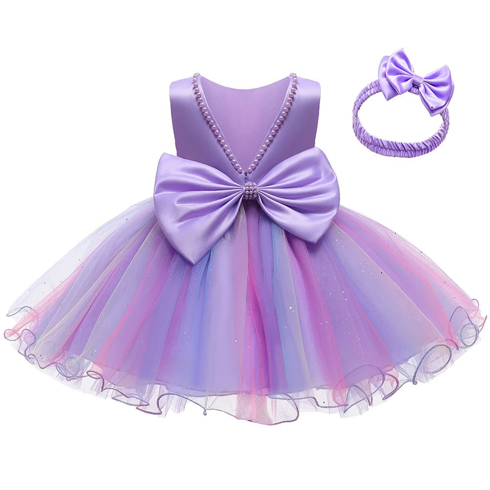 Vestido de Ceremonia para Bebé con Perlas y Gran Lazo