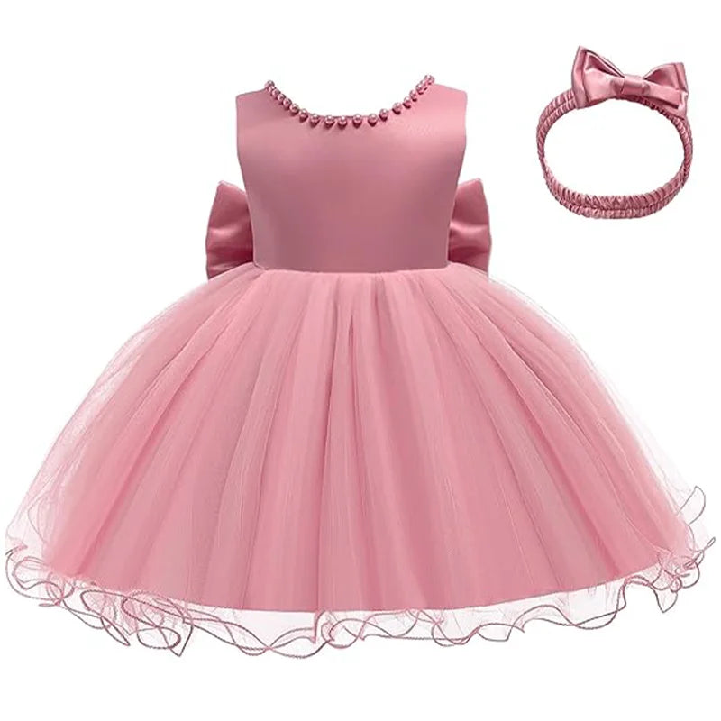 Vestido de Ceremonia para Bebé con Perlas y Gran Lazo