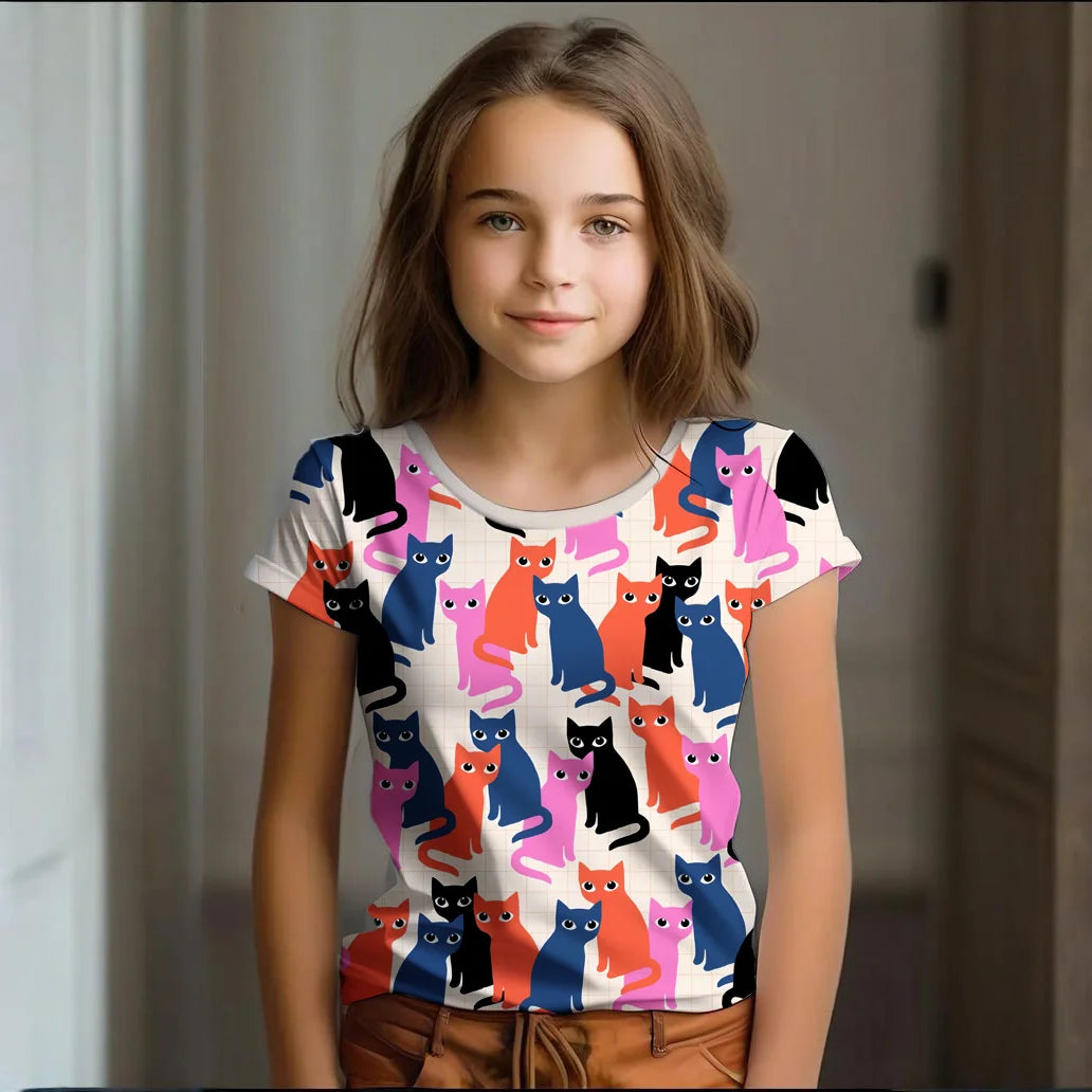 Camiseta Infantil de Manga Corta con Estampado de Gato