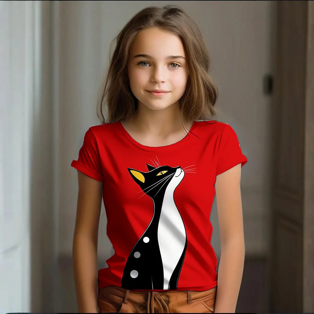 Camiseta Infantil de Manga Corta con Estampado de Gato