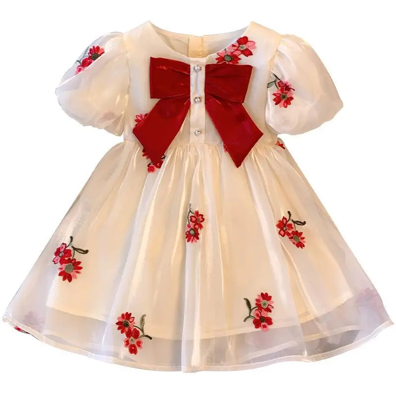 Puffed Sleeve Tulle Dress for Girls with Bow