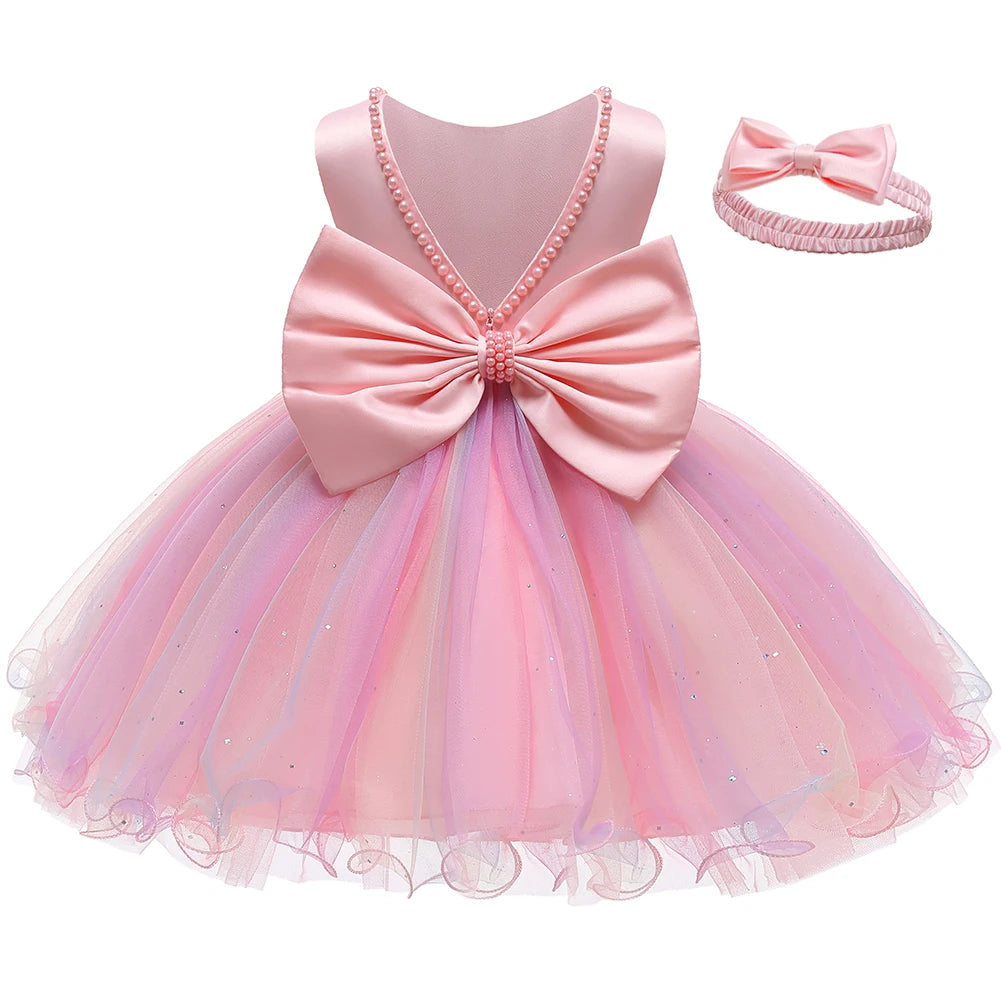 Vestido de Ceremonia para Bebé con Perlas y Gran Lazo