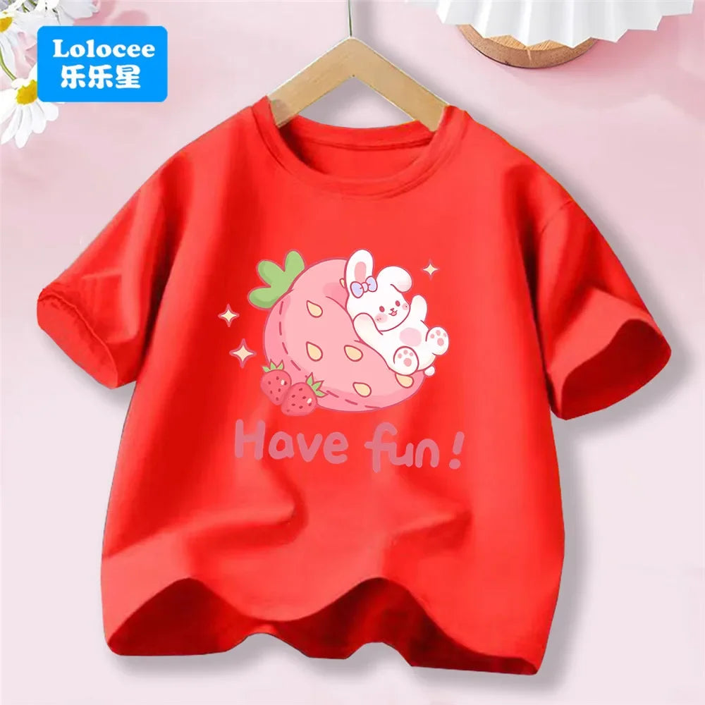 Camiseta Infantil de Algodón con Estampado de Flores y Conejo
