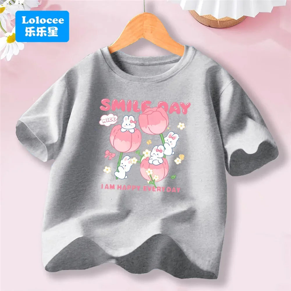 Camiseta Infantil de Algodón con Estampado de Flores y Conejo