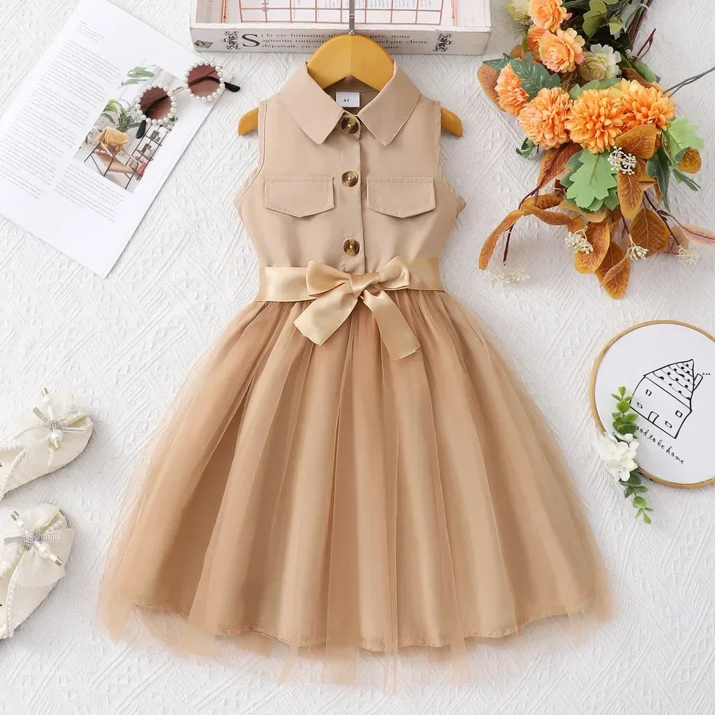 Vestido Infantil Casual de Línea A con Cuello Camisero
