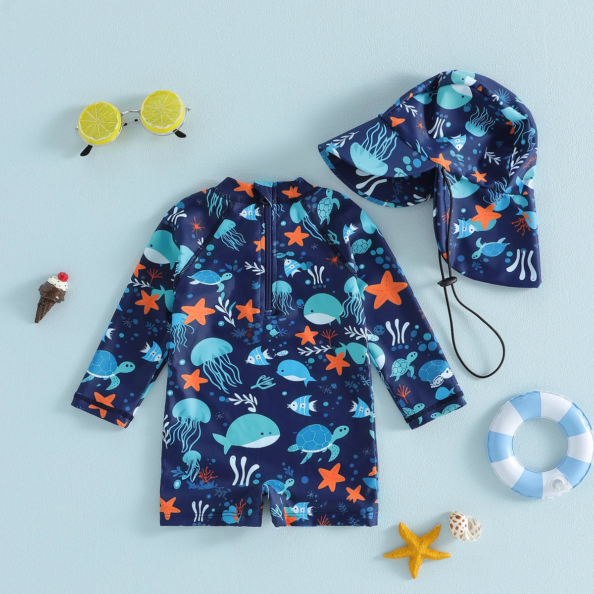 Traje de Baño de Manga Larga con Gorro para Bebé Niño