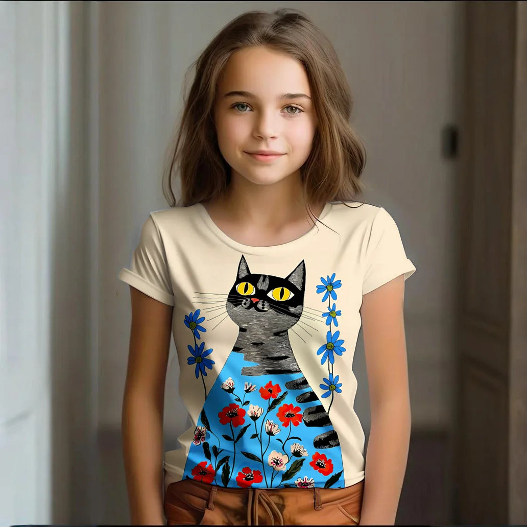 Camiseta Infantil de Manga Corta con Estampado de Gato