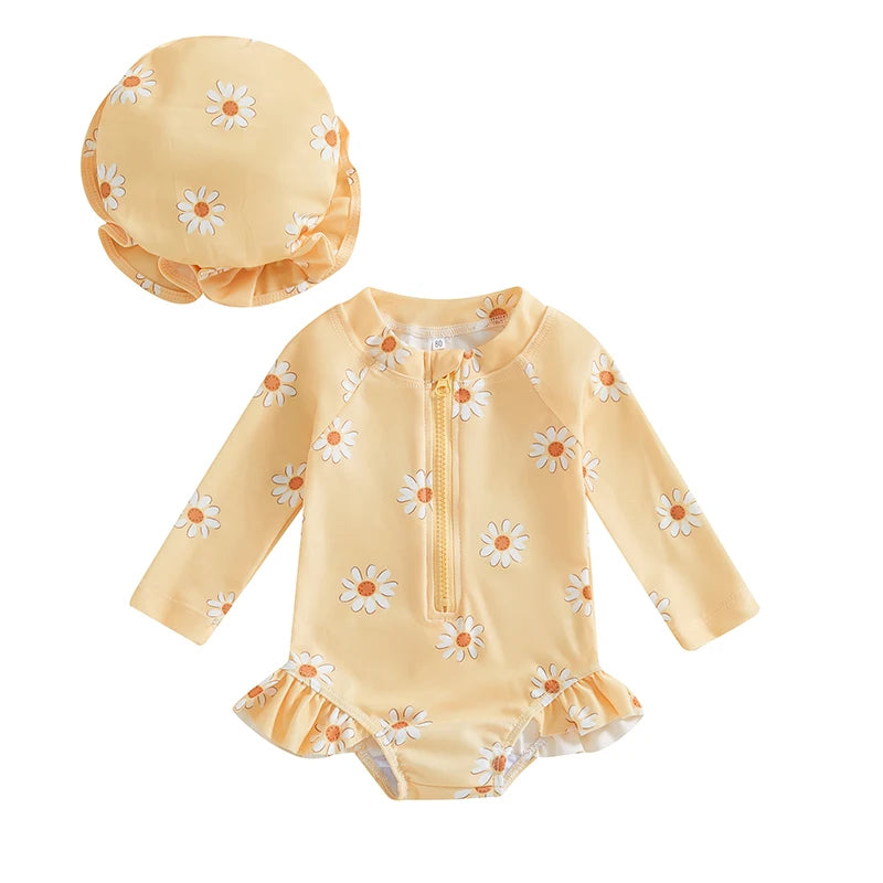 Traje de baño de manga larga con gorro para bebé niña