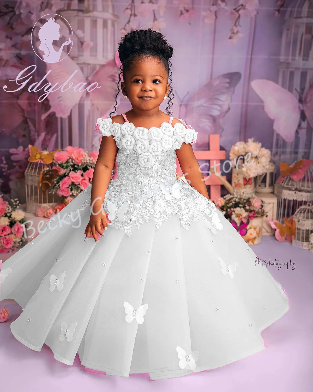 Vestido Largo de Ceremonia Infantil en Tul con Perlas y Encaje