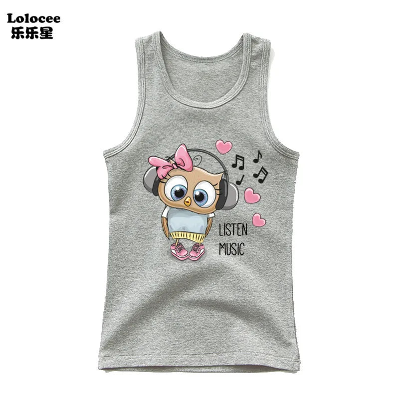 Camiseta de Algodón sin Mangas con Estampado de Búho para Niña
