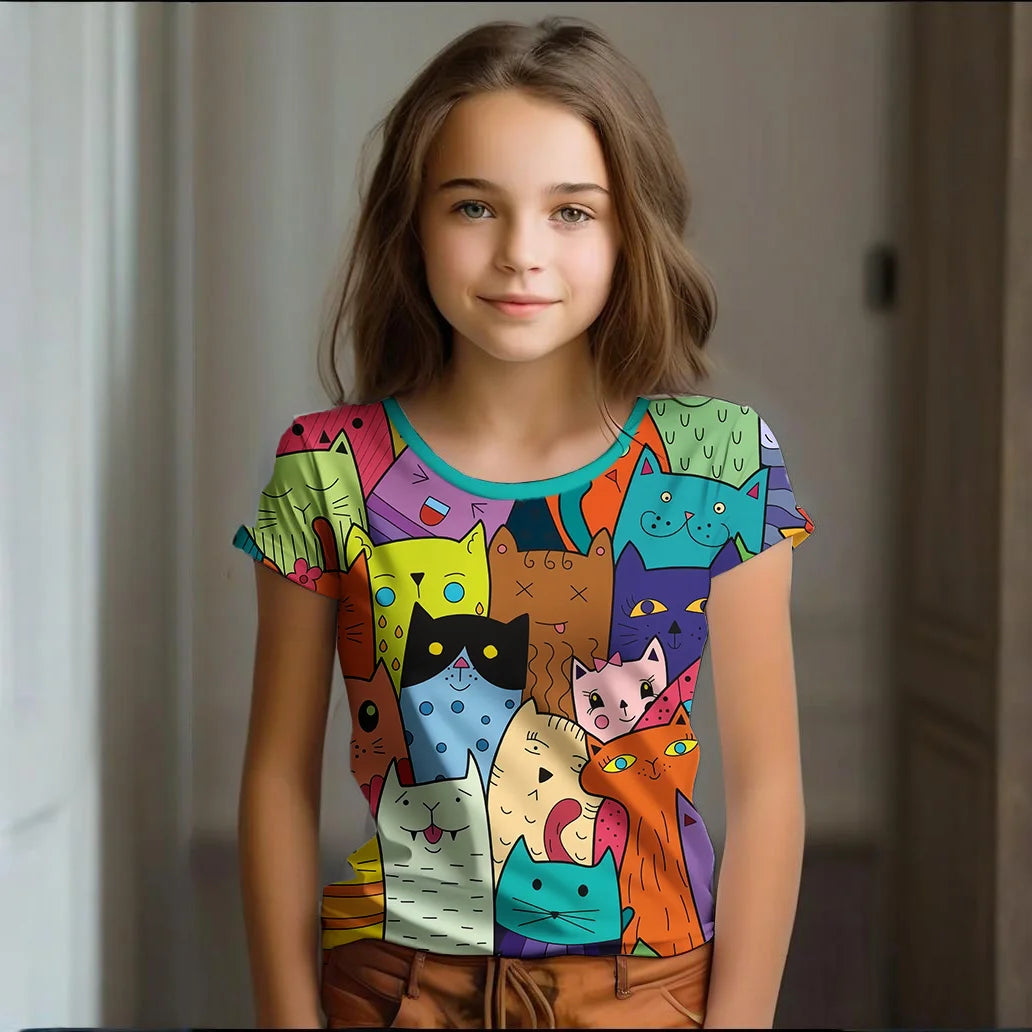 Camiseta Infantil de Manga Corta con Estampado de Gato