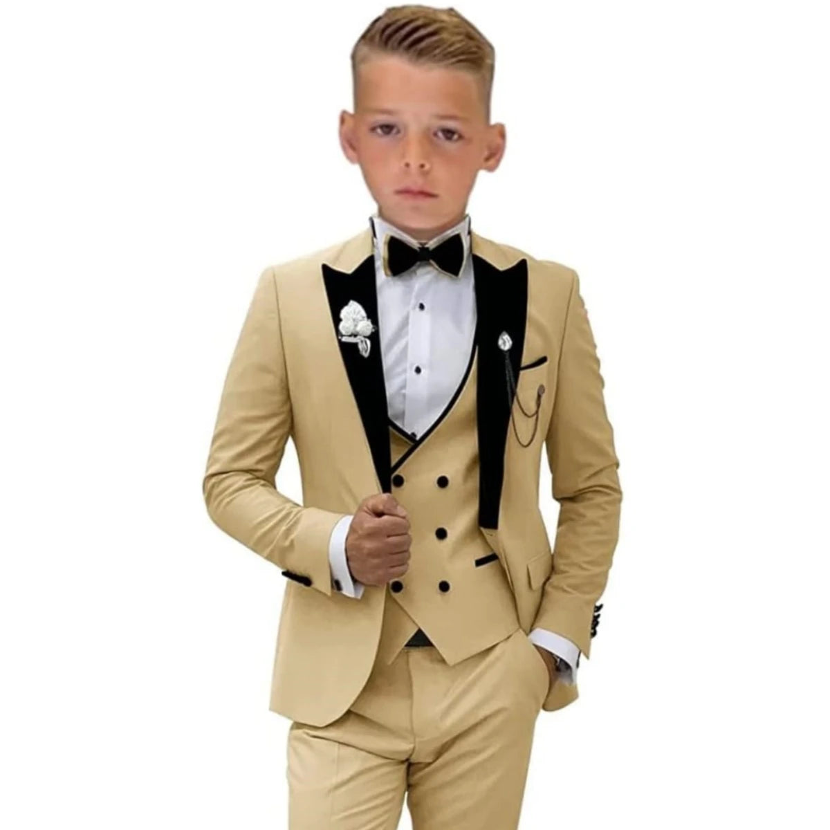 Traje Formal Infantil de Tres Piezas con Cuello de Terciopelo para Niño