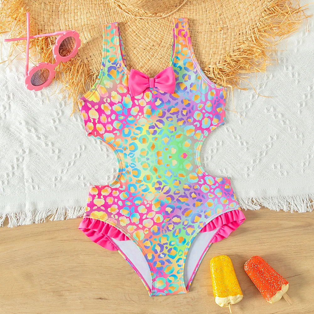 Traje de baño enterizo para niña con lazo y volantes