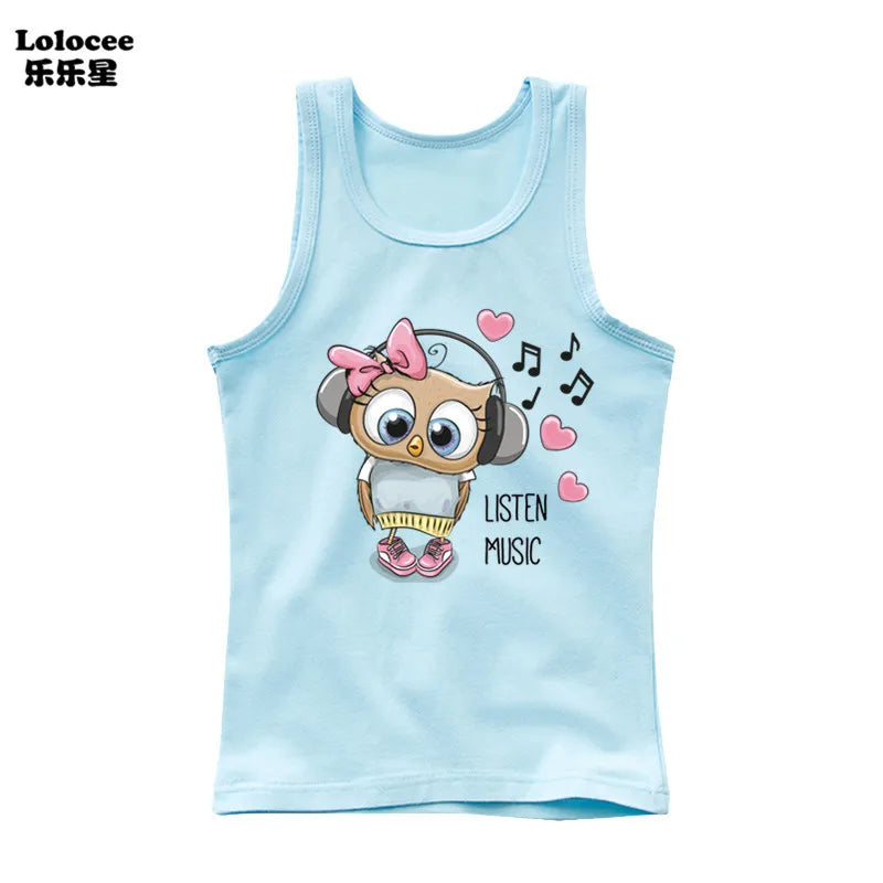 Camiseta de Algodón sin Mangas con Estampado de Búho para Niña