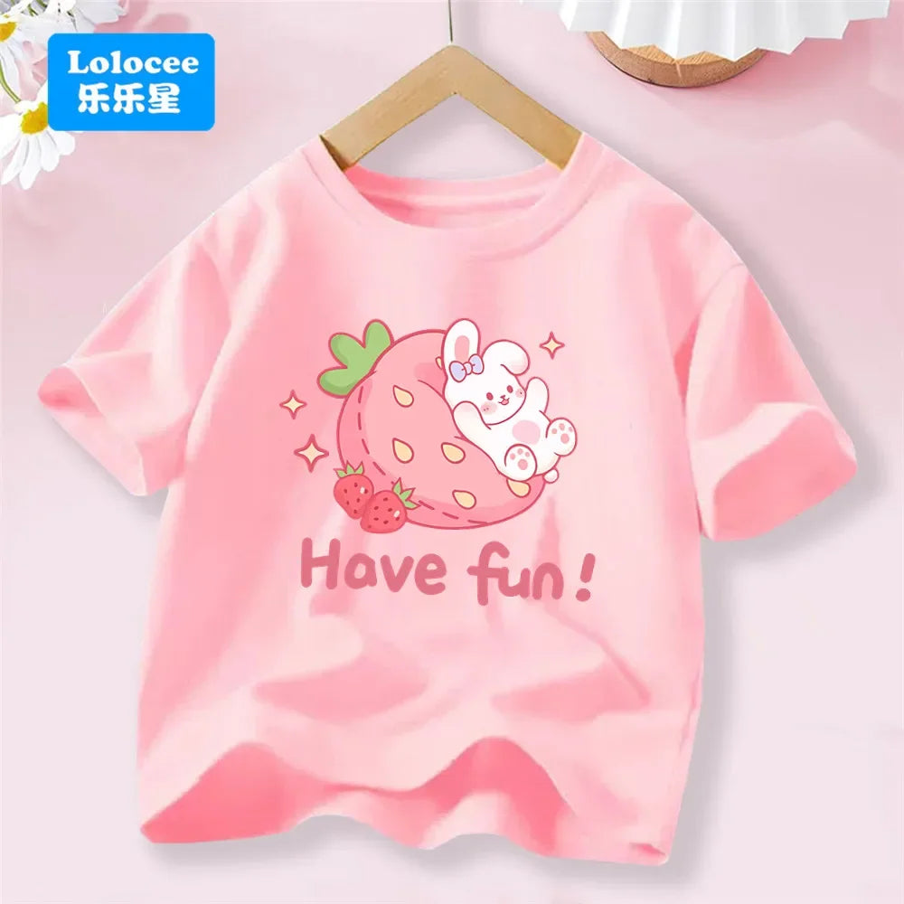 Camiseta Infantil de Algodón con Estampado de Flores y Conejo