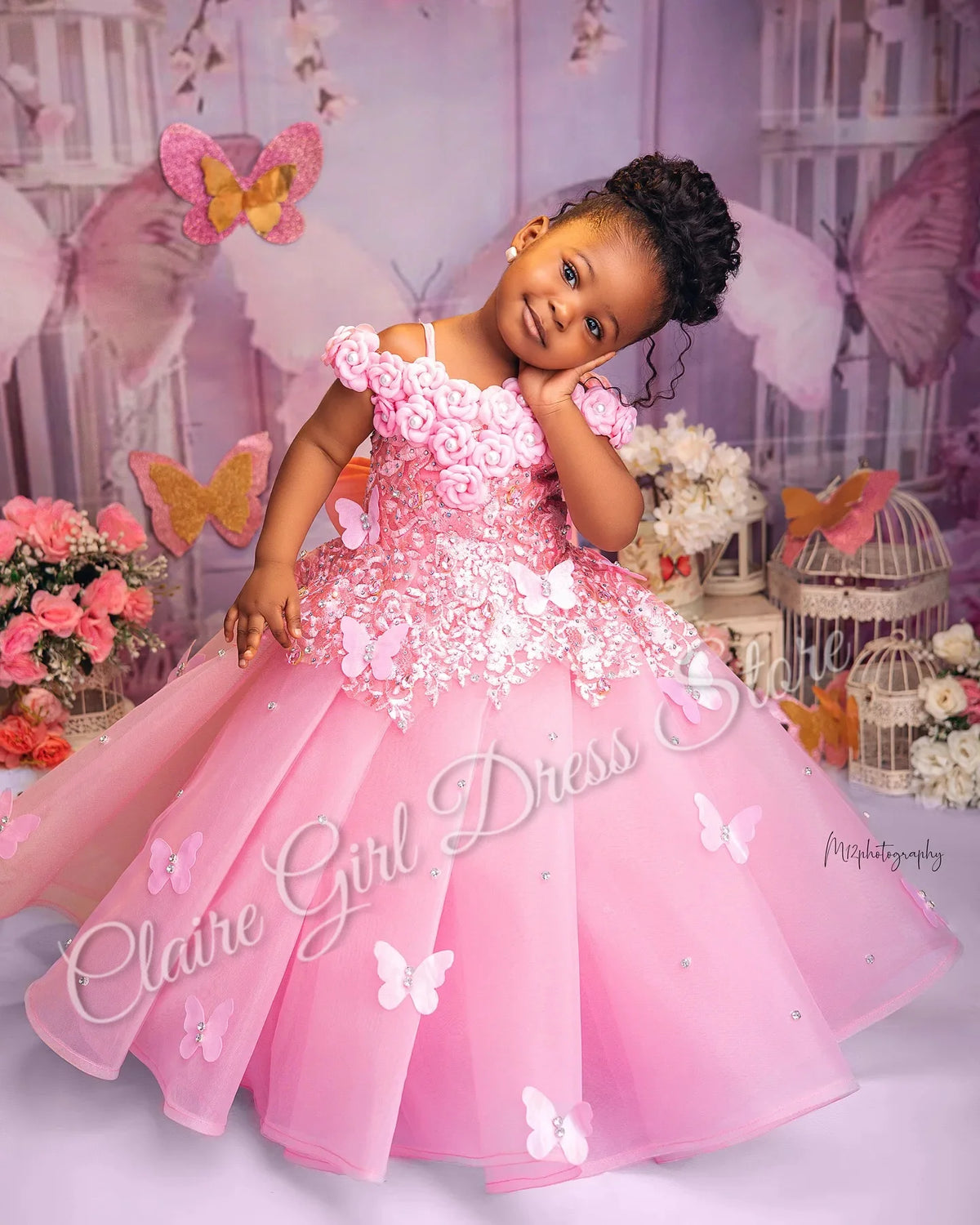 Vestido Largo de Ceremonia Infantil en Tul con Perlas y Encaje