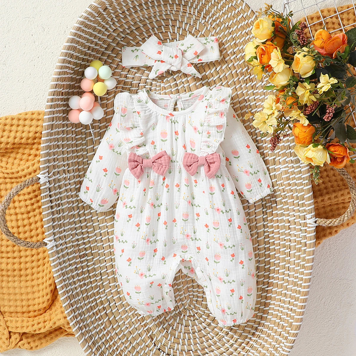 Pelele floral de manga larga para bebé niña con diadema