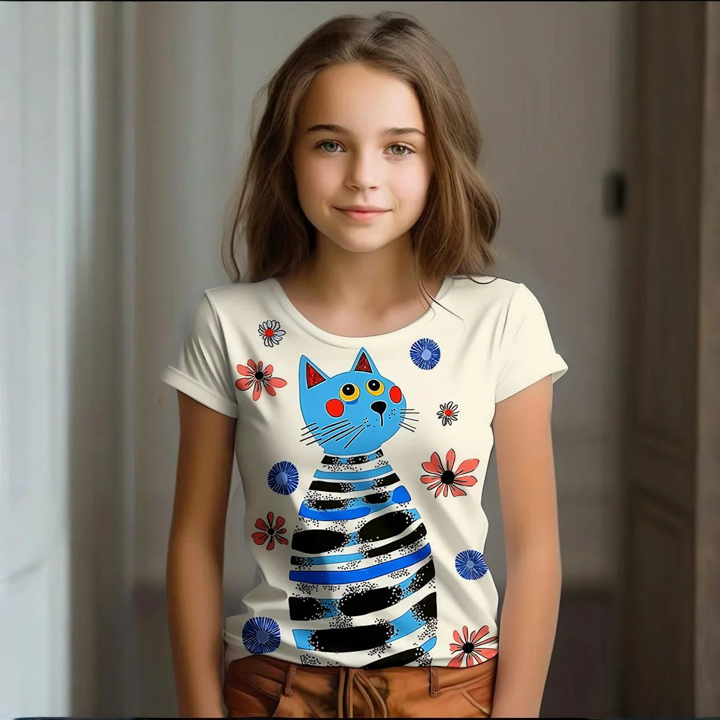 Camiseta Infantil de Manga Corta con Estampado de Gato