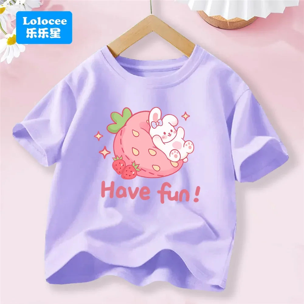 Camiseta Infantil de Algodón con Estampado de Flores y Conejo