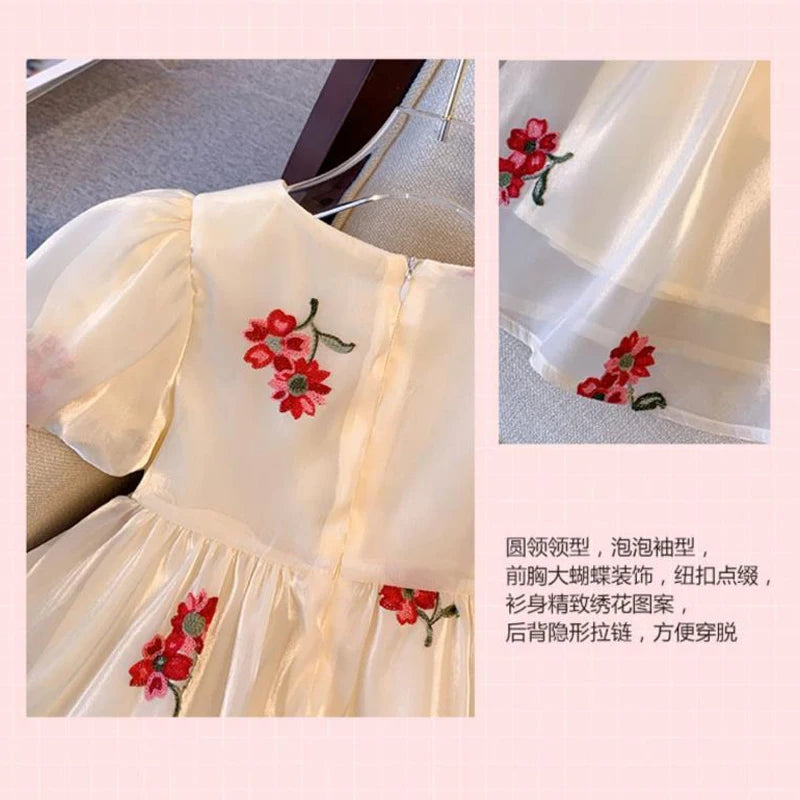 Puffed Sleeve Tulle Dress for Girls with Bow