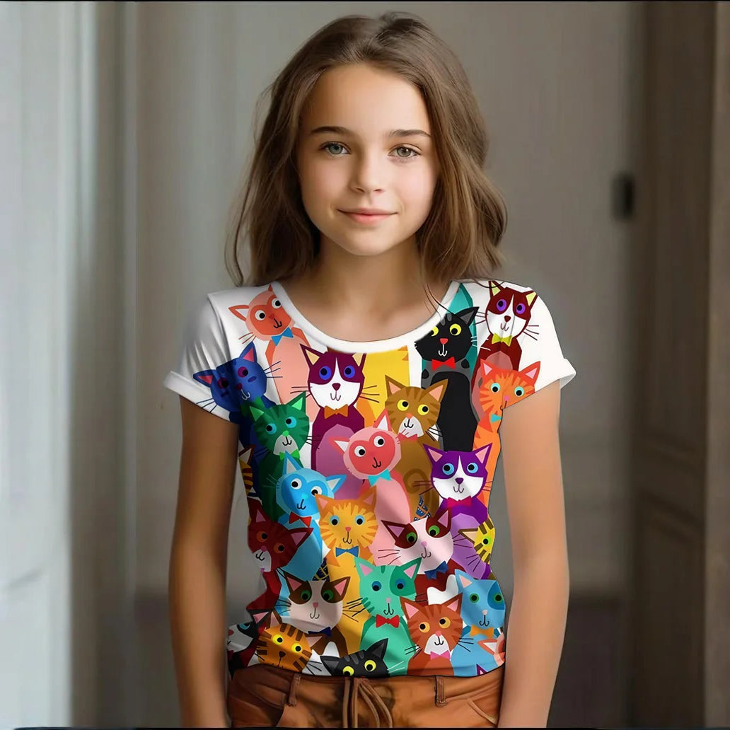 Camiseta Infantil de Manga Corta con Estampado de Gato