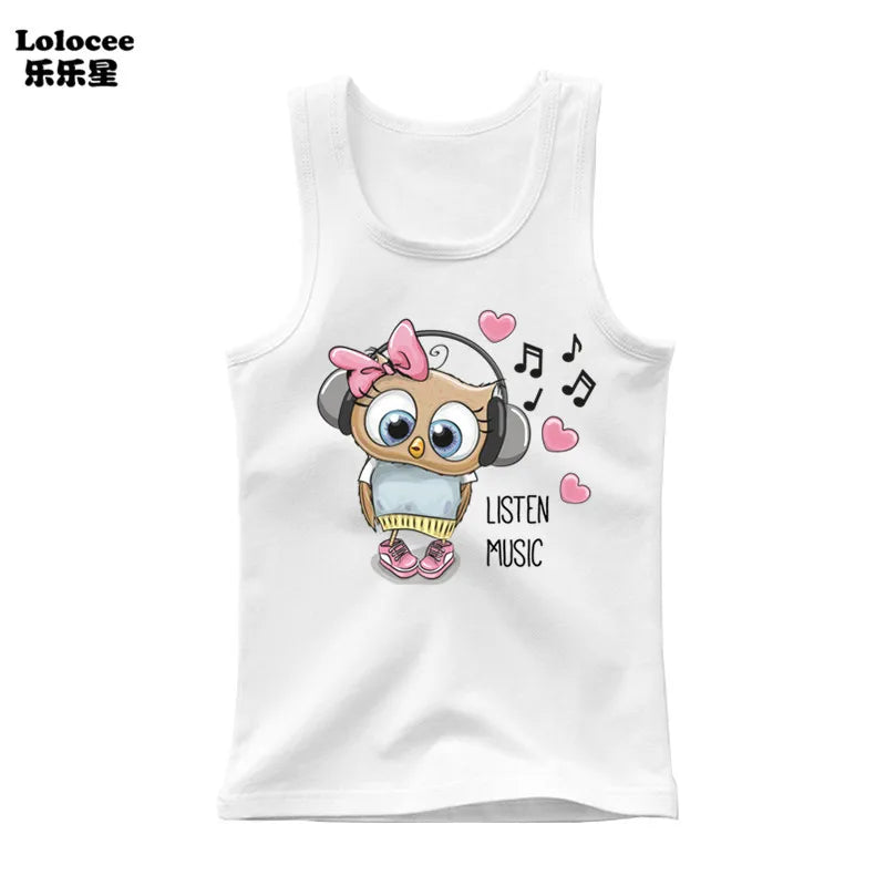 Camiseta de Algodón sin Mangas con Estampado de Búho para Niña