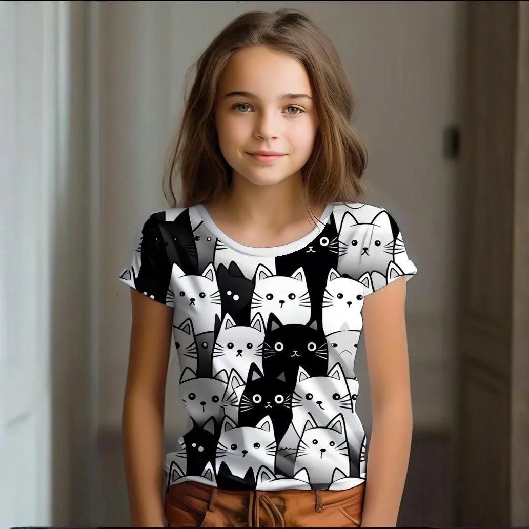 Camiseta Infantil de Manga Corta con Estampado de Gato