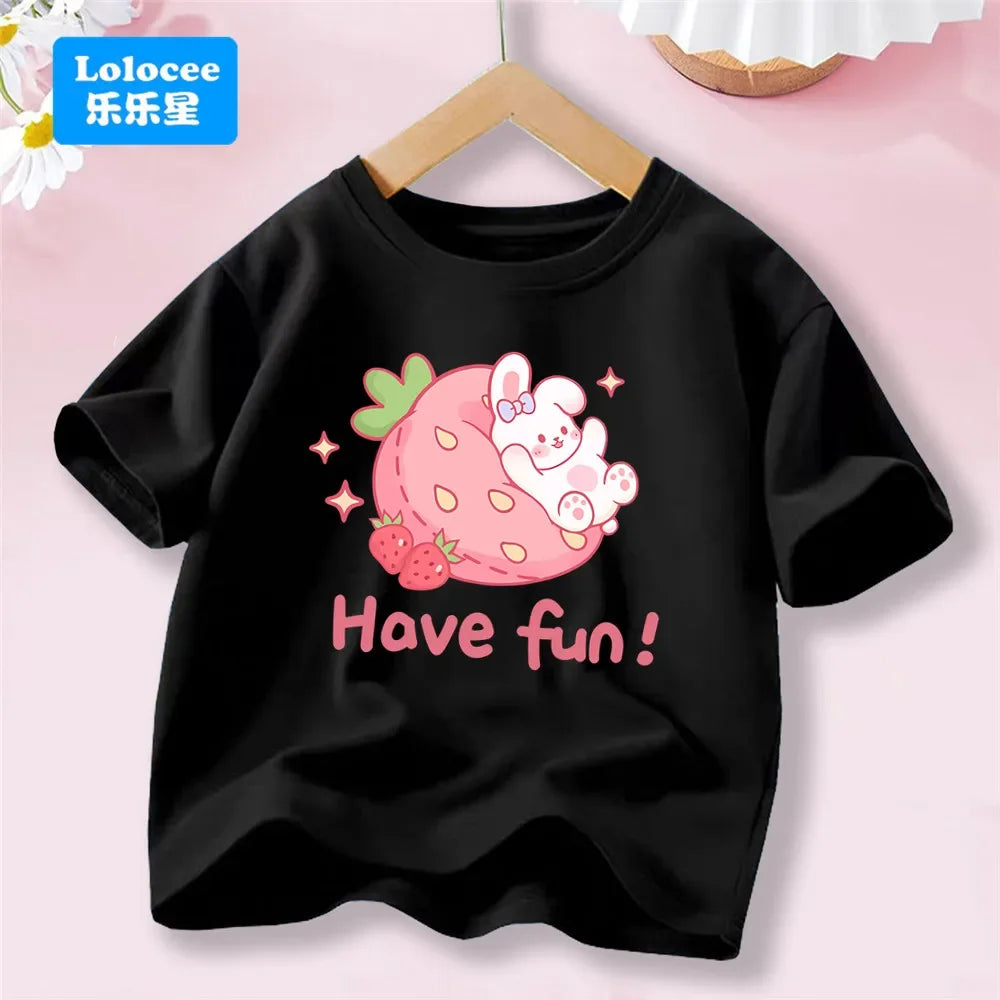 Camiseta Infantil de Algodón con Estampado de Flores y Conejo