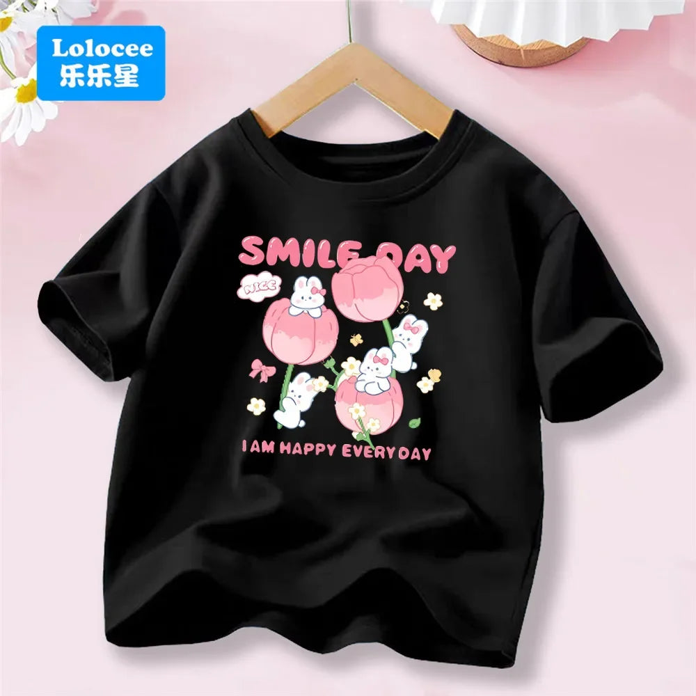 Camiseta Infantil de Algodón con Estampado de Flores y Conejo