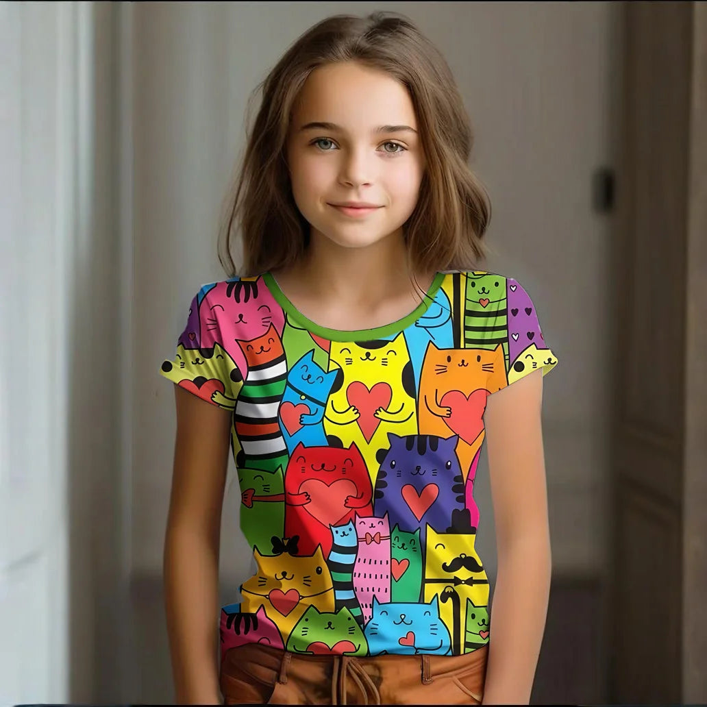 Camiseta Infantil de Manga Corta con Estampado de Gato
